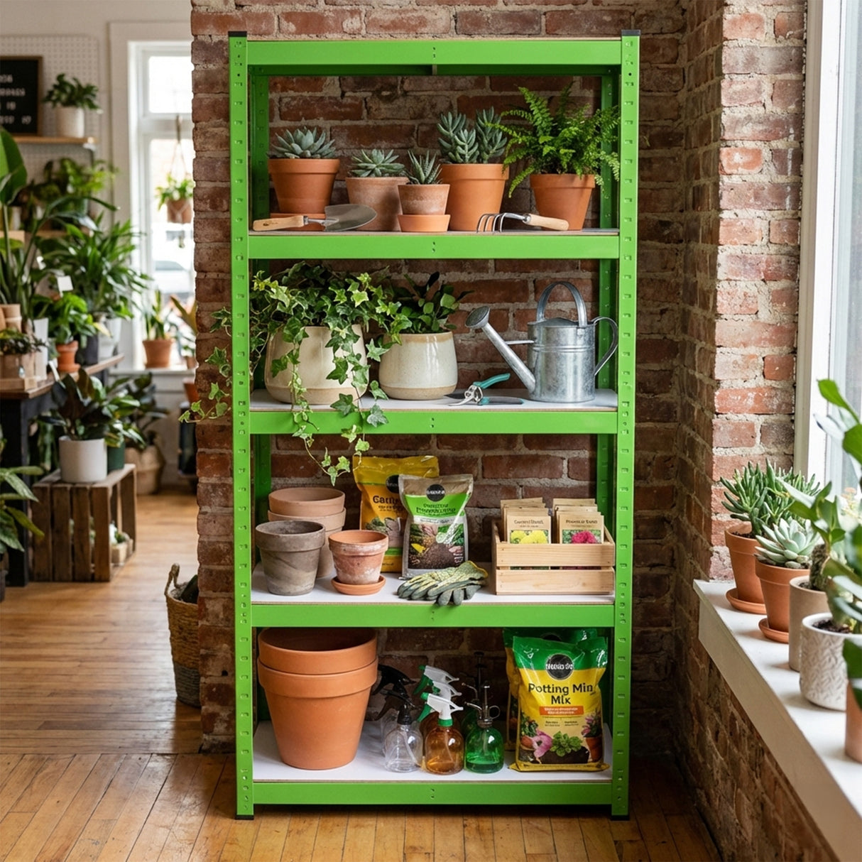 Water-resistant green racking unit with potted plants, gardening tools, and soil bags, set against a rustic brick wall