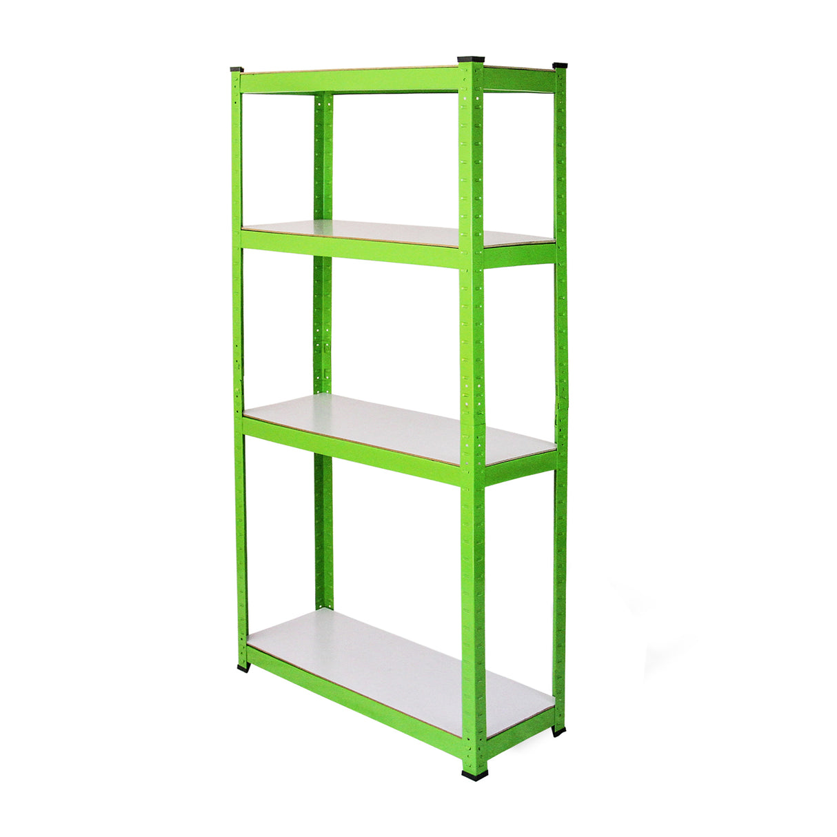 Bright green, water-resistant racking with four sturdy shelves, ideal for organizing plants and gardening supplies in a greenhouse
