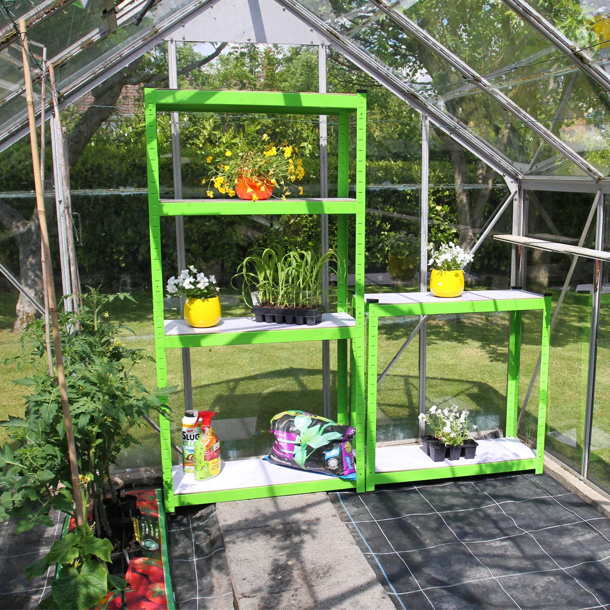 Bright green water-resistant racking in a greenhouse, featuring multiple shelves with potted plants and vibrant yellow pots