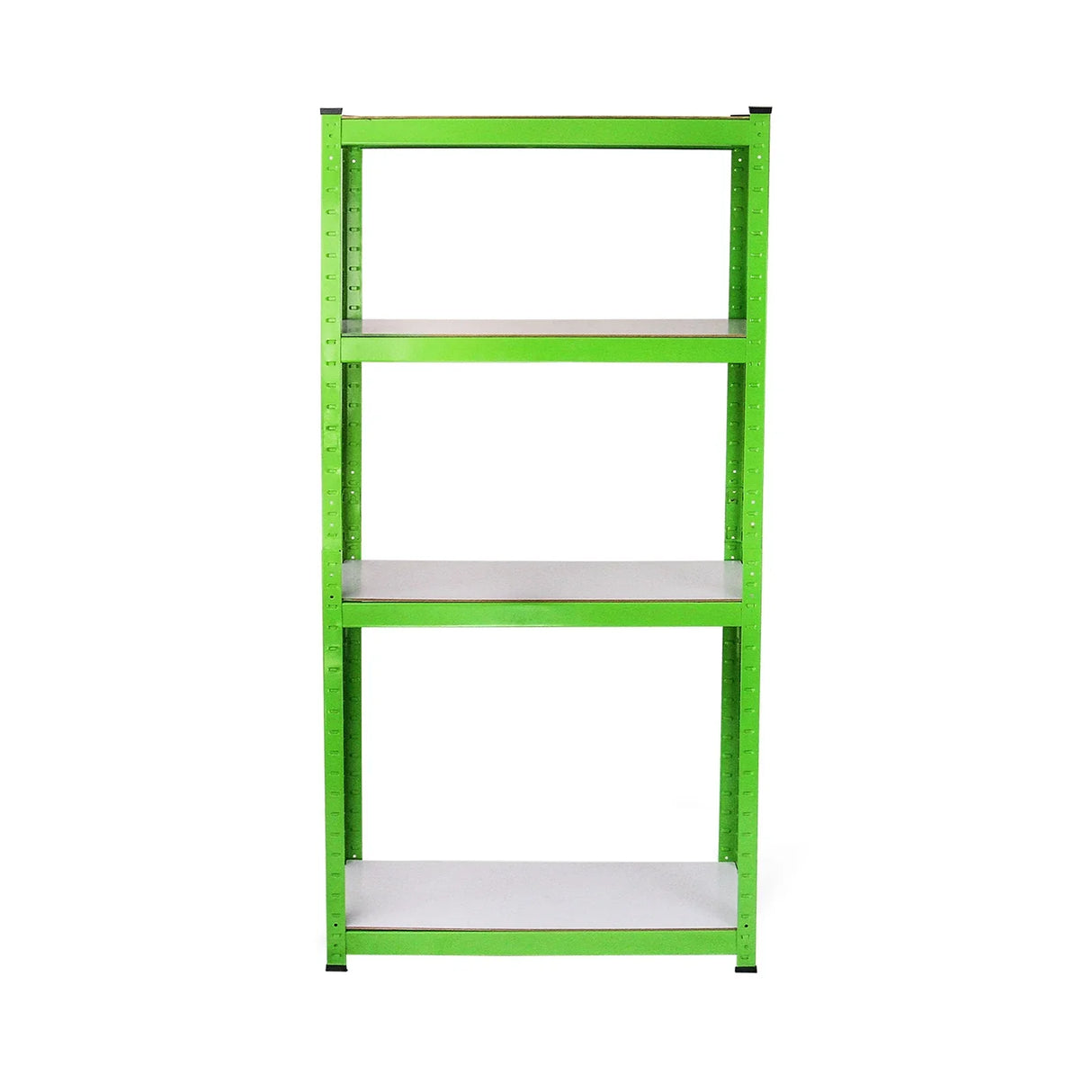 Water-resistant green shelving unit with four adjustable white shelves, designed for use in a greenhouse or outdoor space