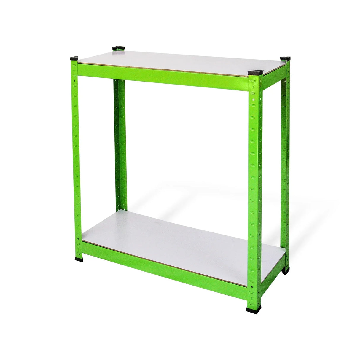Water-resistant green rack with a sturdy metal frame, featuring two shelves for organizing plants and gardening supplies