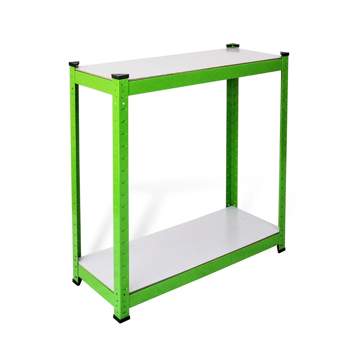 Polytunnel racking unit in bright green, featuring a sturdy metal frame and two spacious shelves for optimal plant organization