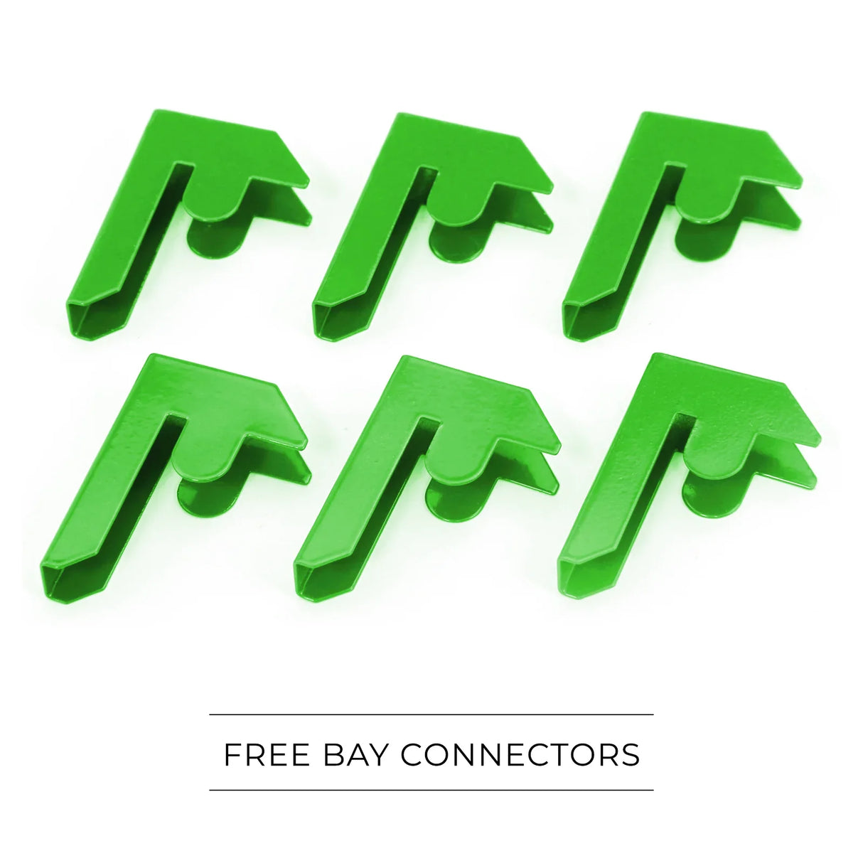 Six green plastic bay connectors designed for greenhouse racking, featuring a sturdy, water-resistant construction for durability