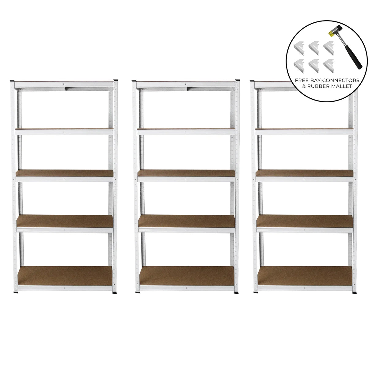 Three white metal racking units with multiple shelves, featuring a sturdy design and wooden-like textured shelves for storage