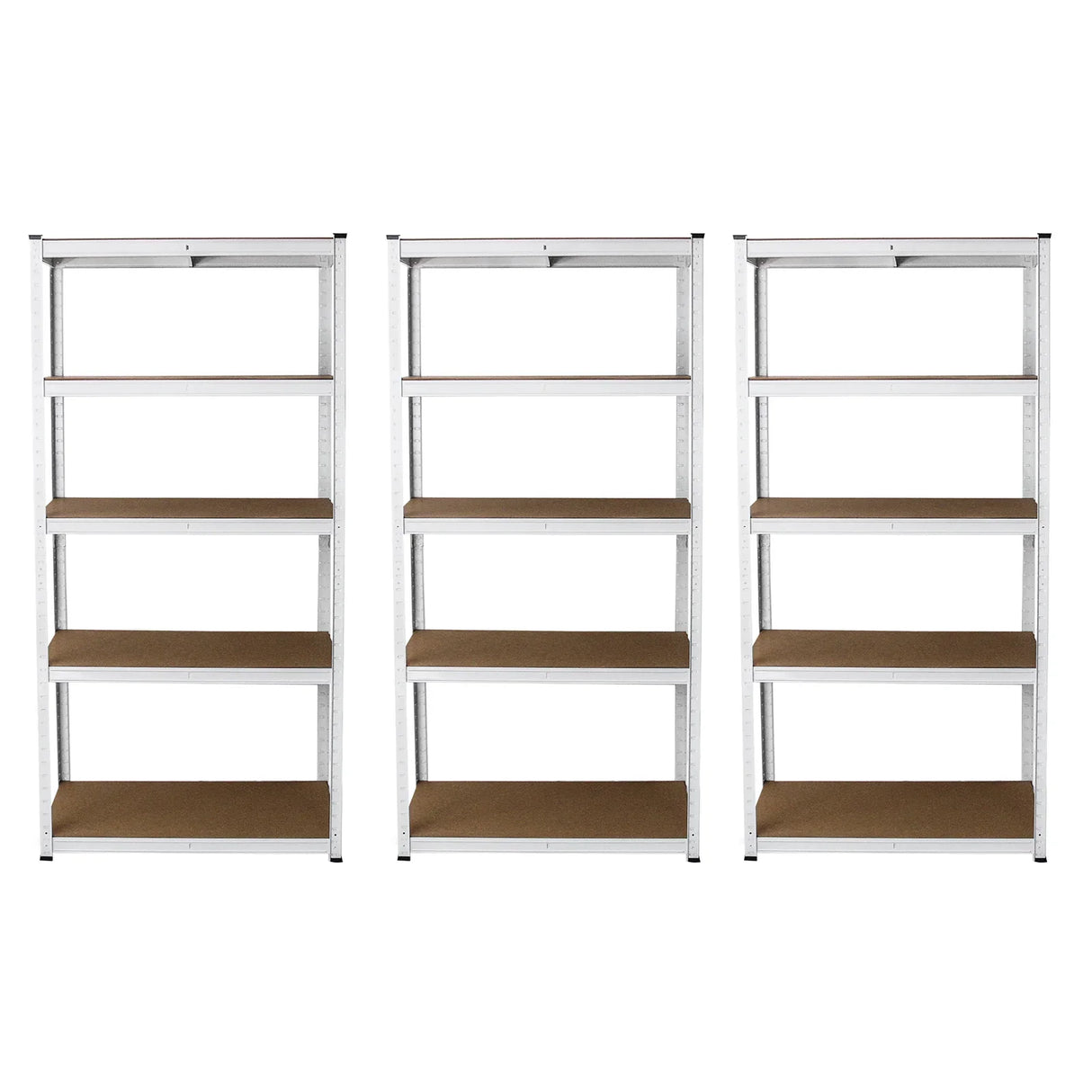 Three white metal racking units featuring multiple sturdy shelves with a smooth finish, ideal for storage and organization
