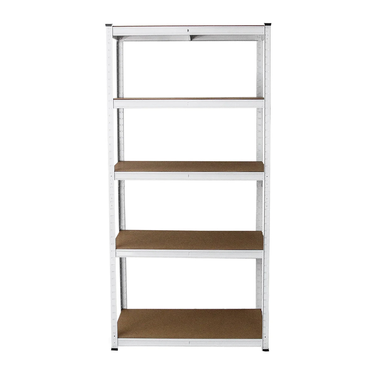 Sturdy white metal racking unit with five adjustable shelves, featuring a sleek design and smooth, durable surfaces for storage