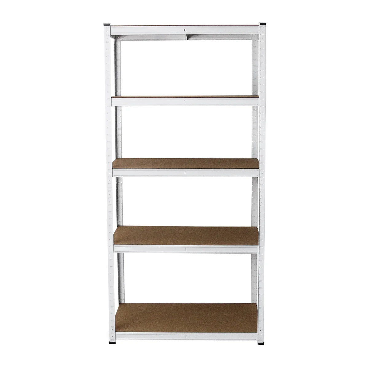 White racking unit with five sturdy shelves, featuring a sleek metal frame and smooth, light-colored surfaces for versatile storage
