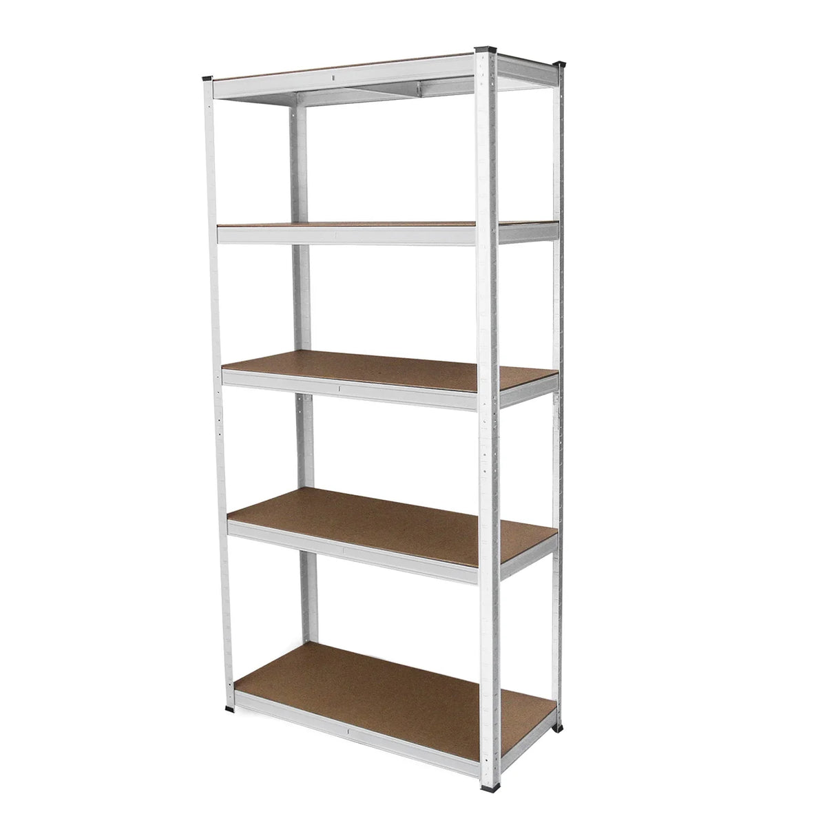 Three white metal racking units with four sturdy shelves, featuring a sleek design and durable particle board surfaces for storage