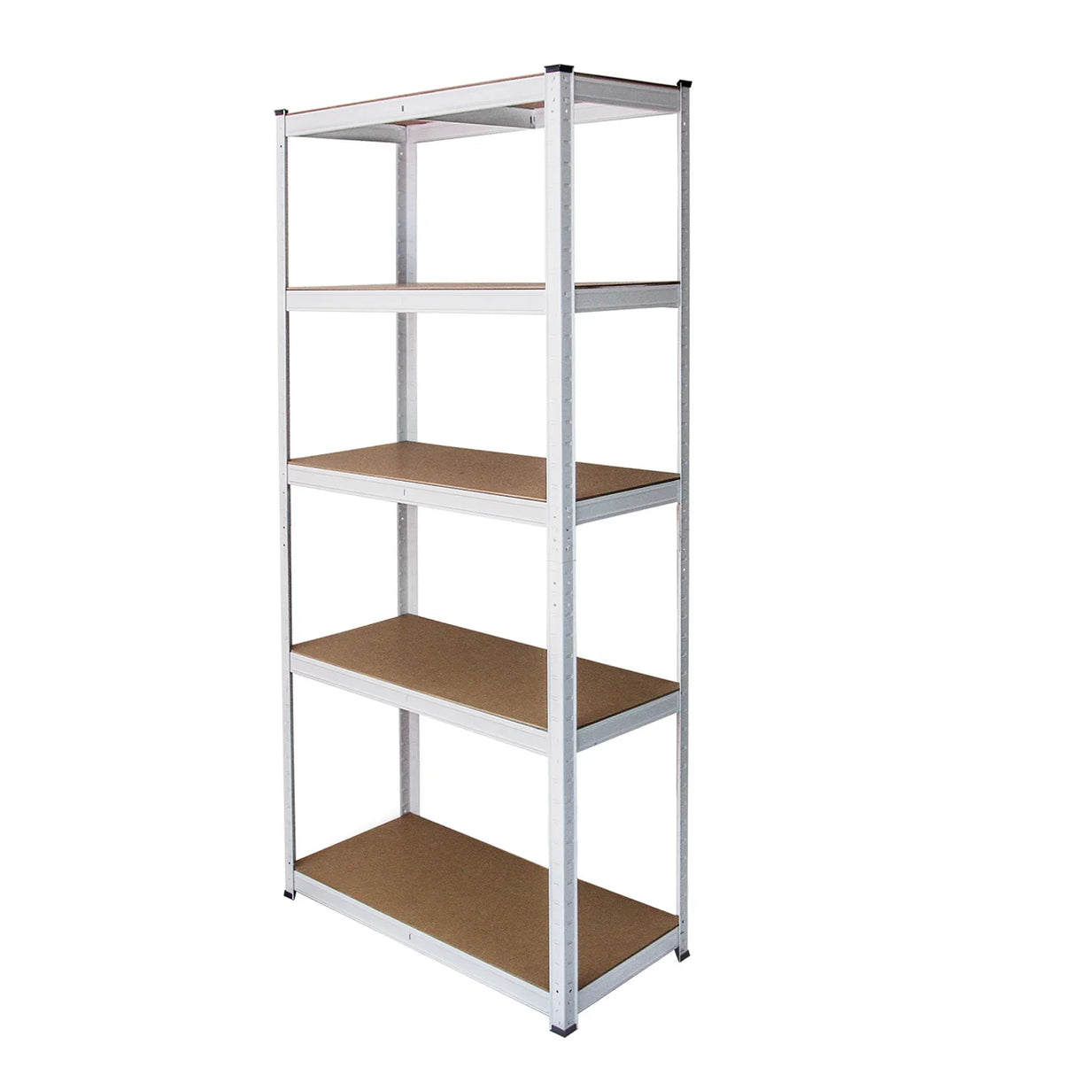 Three white metal racking units with five sturdy shelves, featuring a sleek design and smooth surfaces, ideal for storage and organization
