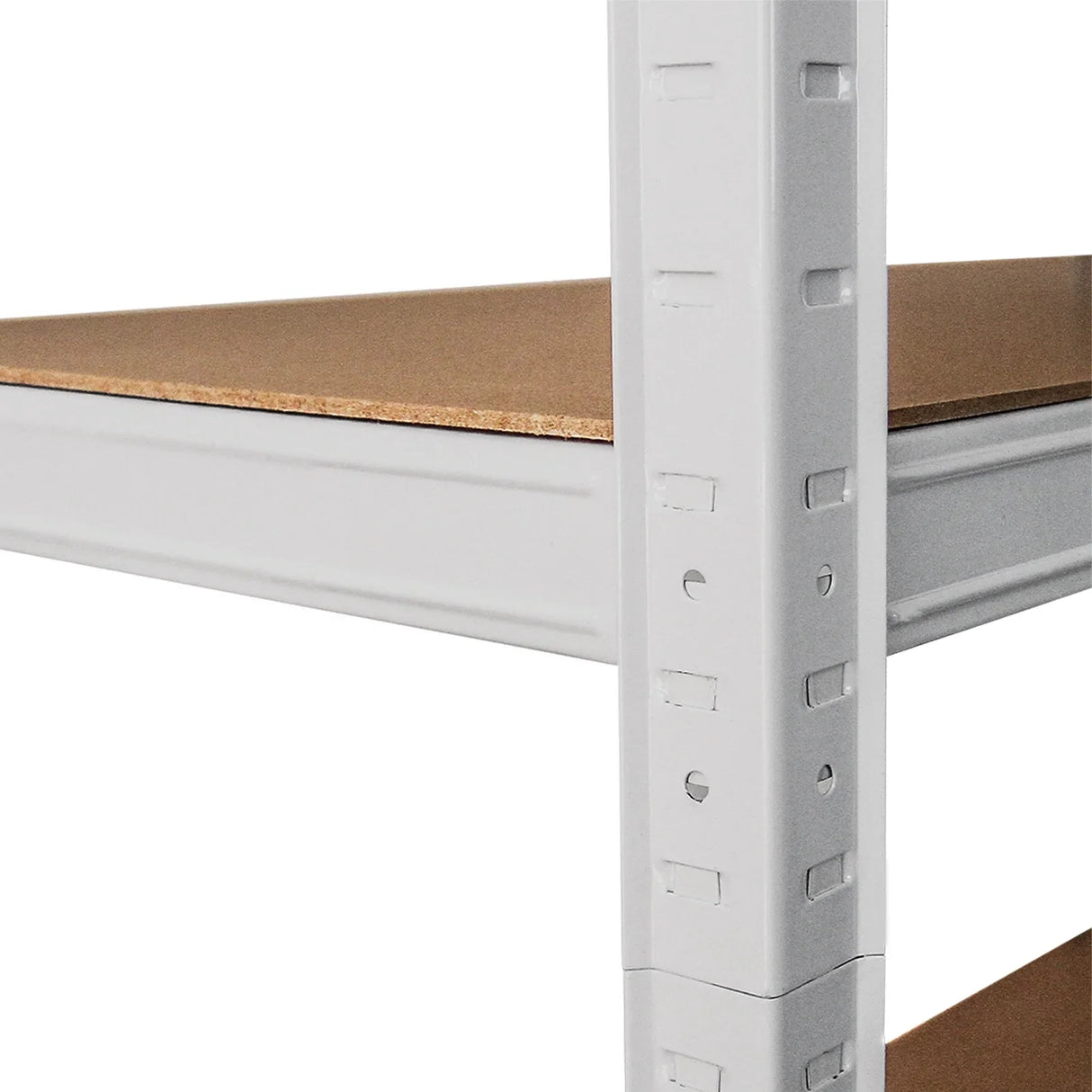 Sturdy white racking unit with a wooden shelf, featuring a sleek design and adjustable height for versatile storage solutions