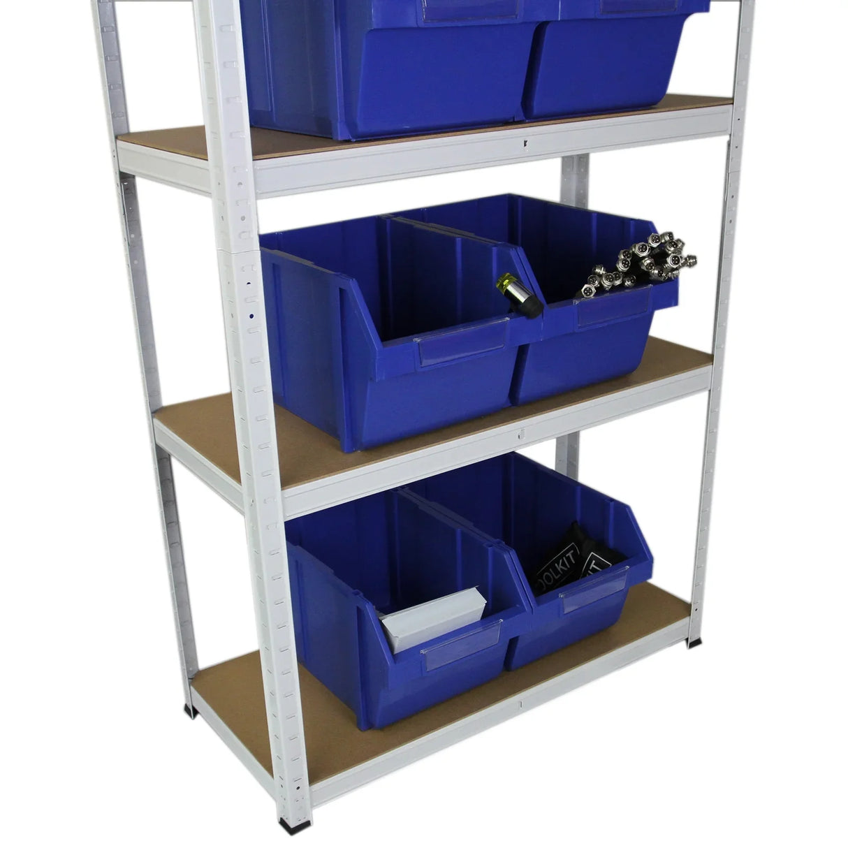 White racking unit with three shelves, featuring blue storage bins, sturdy metal frame, and a clean, modern design ideal for organization