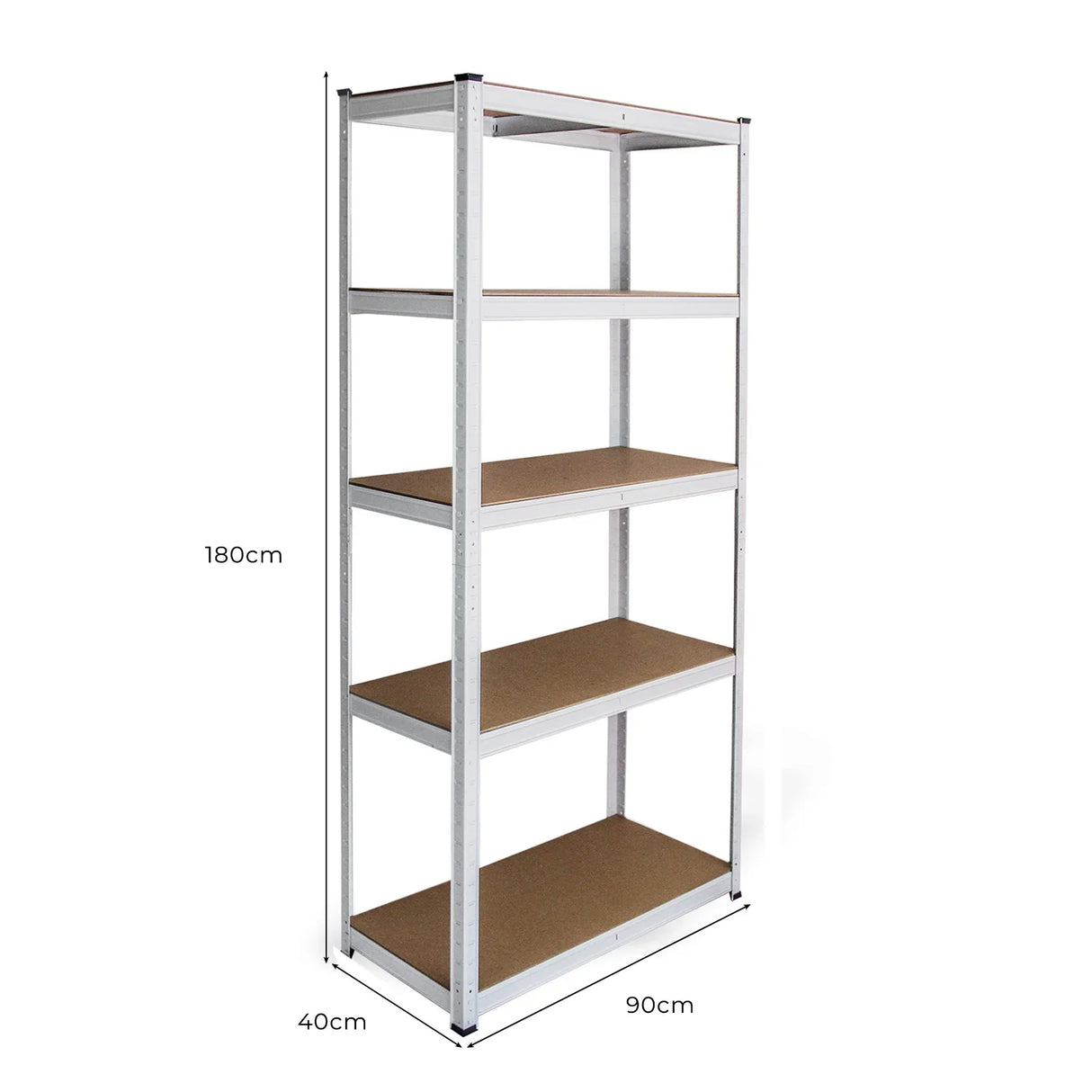 Three white metal racking units with four sturdy shelves, measuring 180cm tall, 90cm wide, and 40cm deep, ideal for storage