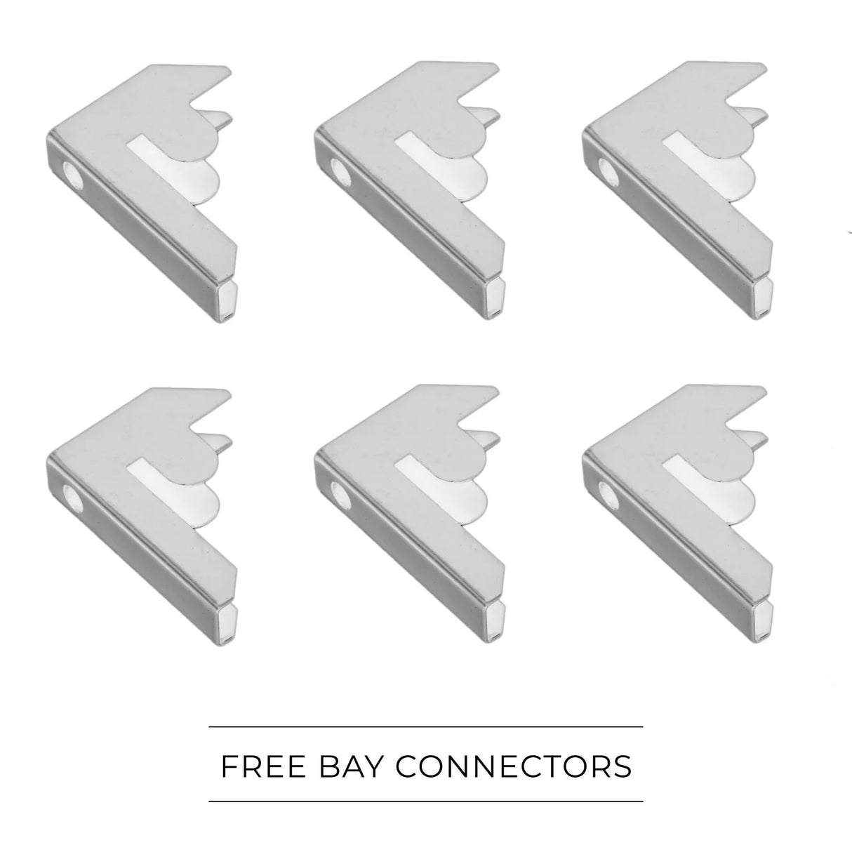 Six silver metal free bay connectors designed for E-Rax racking units, featuring a sleek, angular shape and smooth finish