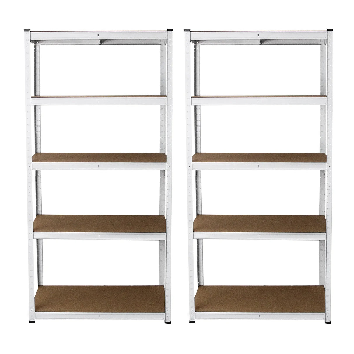 Two white metal racking units, each 90 x 40 x 180 cm, featuring five sturdy shelves with a smooth, light brown surface