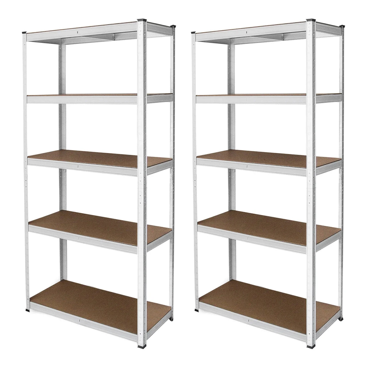 Two white metal racking units, each 90 x 40 x 180 cm, featuring five sturdy shelves with a smooth, brown surface for storage
