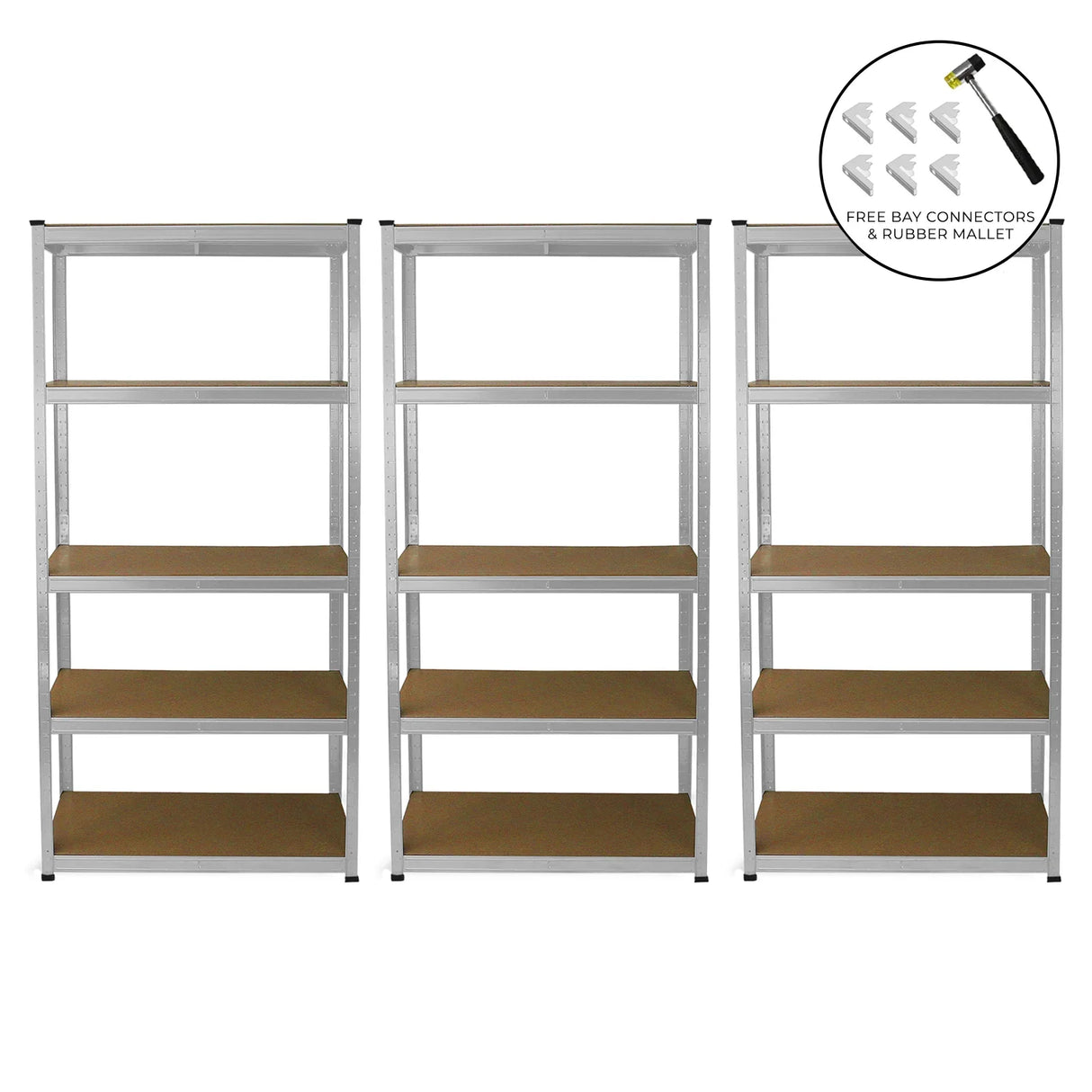 Galvanised racking units in a set of three, featuring sturdy metal frames, wooden shelves, and included connectors and mallet for assembly