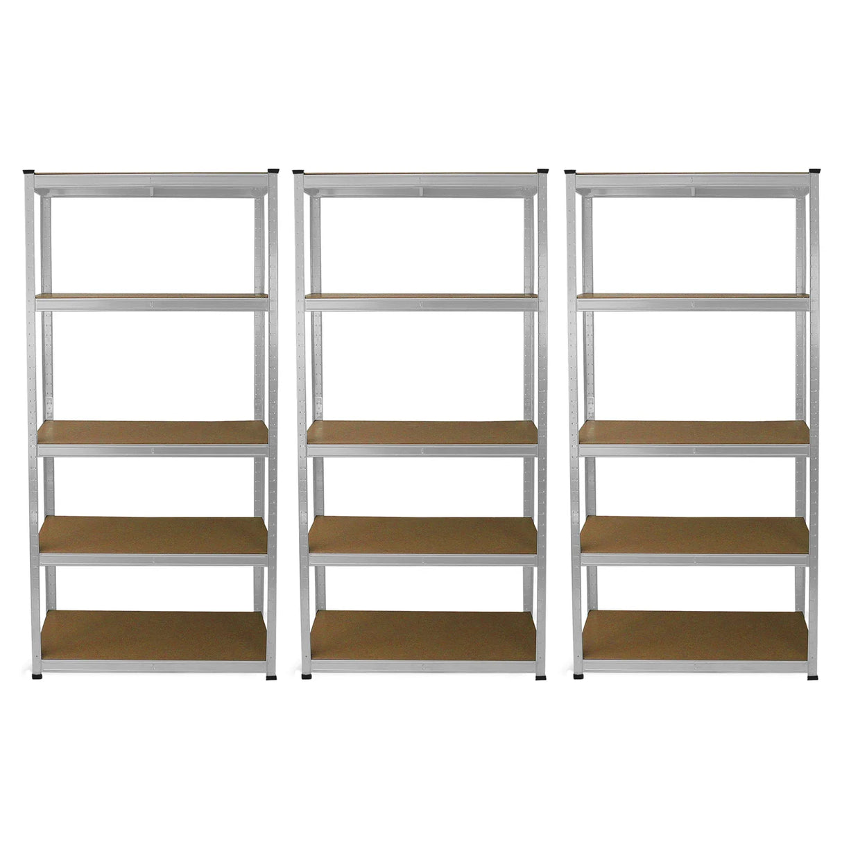 Three galvanised racking units featuring a sturdy metal frame, multiple shelves, and a sleek silver finish, ideal for storage