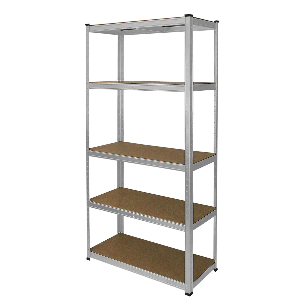 Galvanised metal racking unit with four sturdy shelves, featuring a sleek silver finish and durable brown particle board surfaces