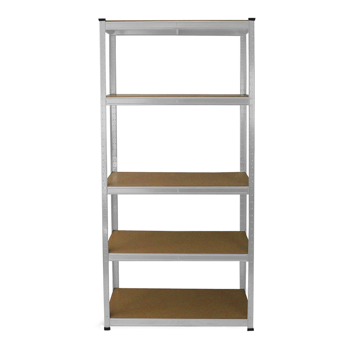 Galvanised E-Rax racking unit with five sturdy shelves, featuring a sleek metal frame and smooth, durable wooden surfaces