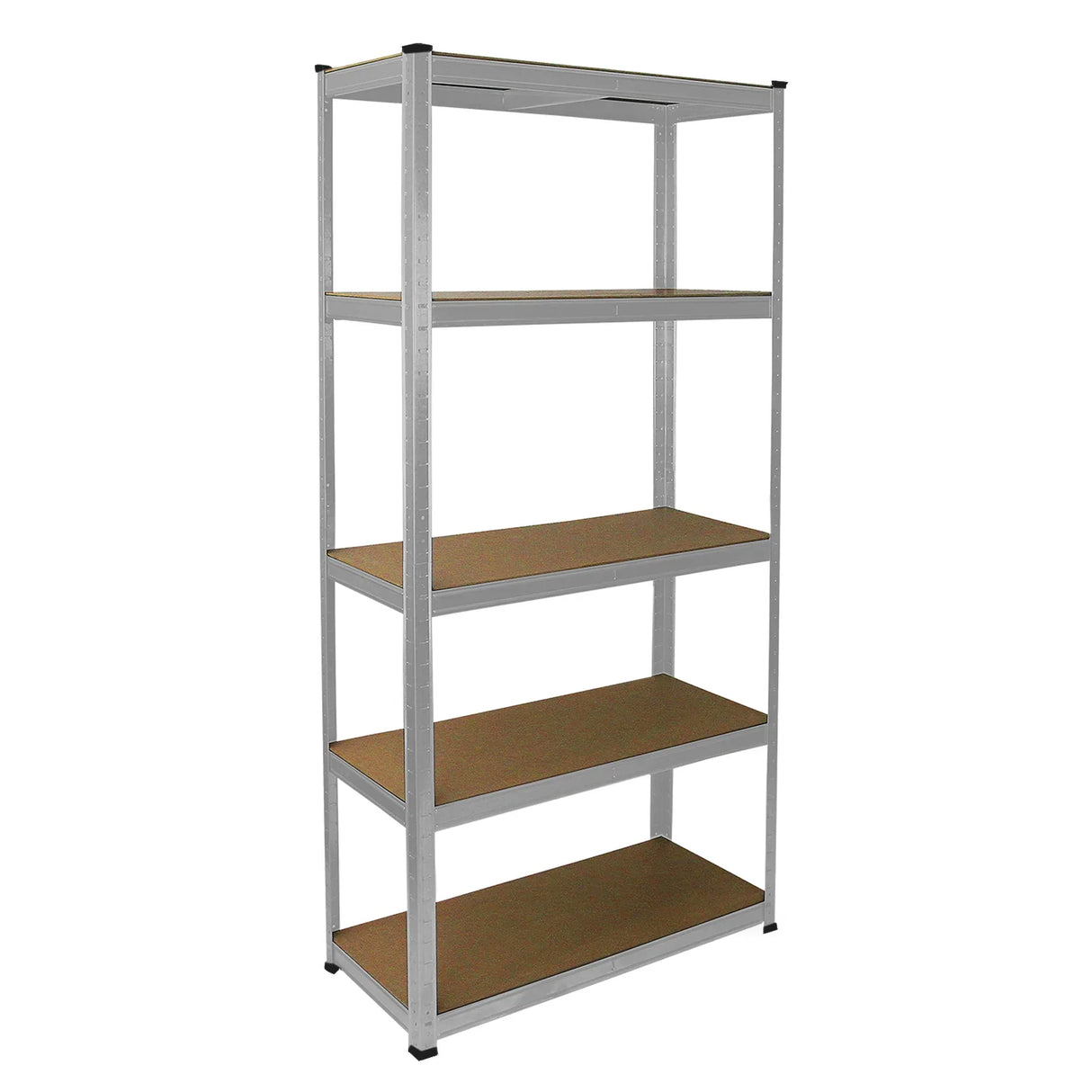 Galvanised racking unit with five sturdy shelves, featuring a sleek silver metal frame and brown particle board surfaces, ideal for storage