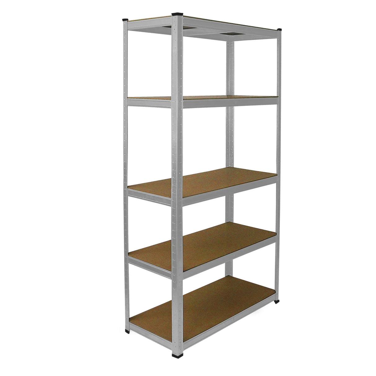 Galvanised metal racking unit with five sturdy shelves, featuring a sleek silver finish and durable brown particle board surfaces
