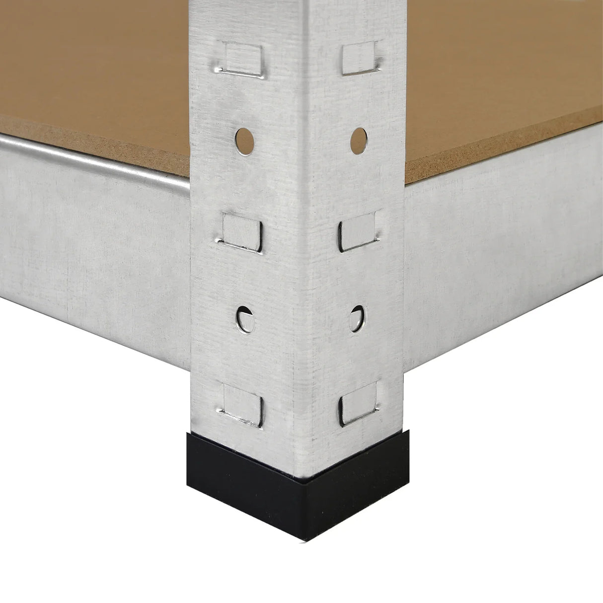 Galvanised steel racking unit corner with a sturdy base, featuring a smooth metal finish and a wooden shelf for storage stability