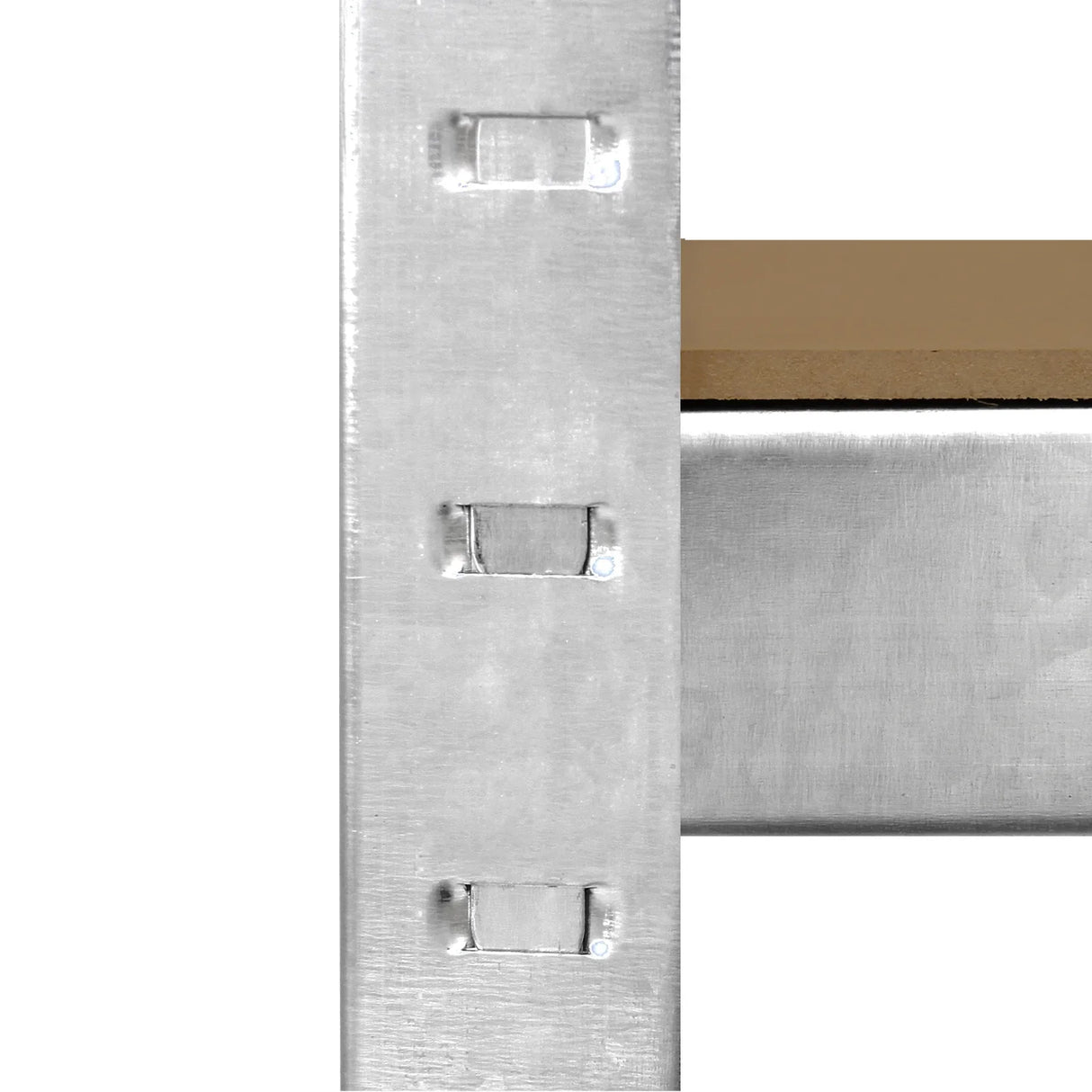 Galvanised racking unit corner detail showcasing sturdy metal construction, smooth silver finish, and adjustable shelving slots