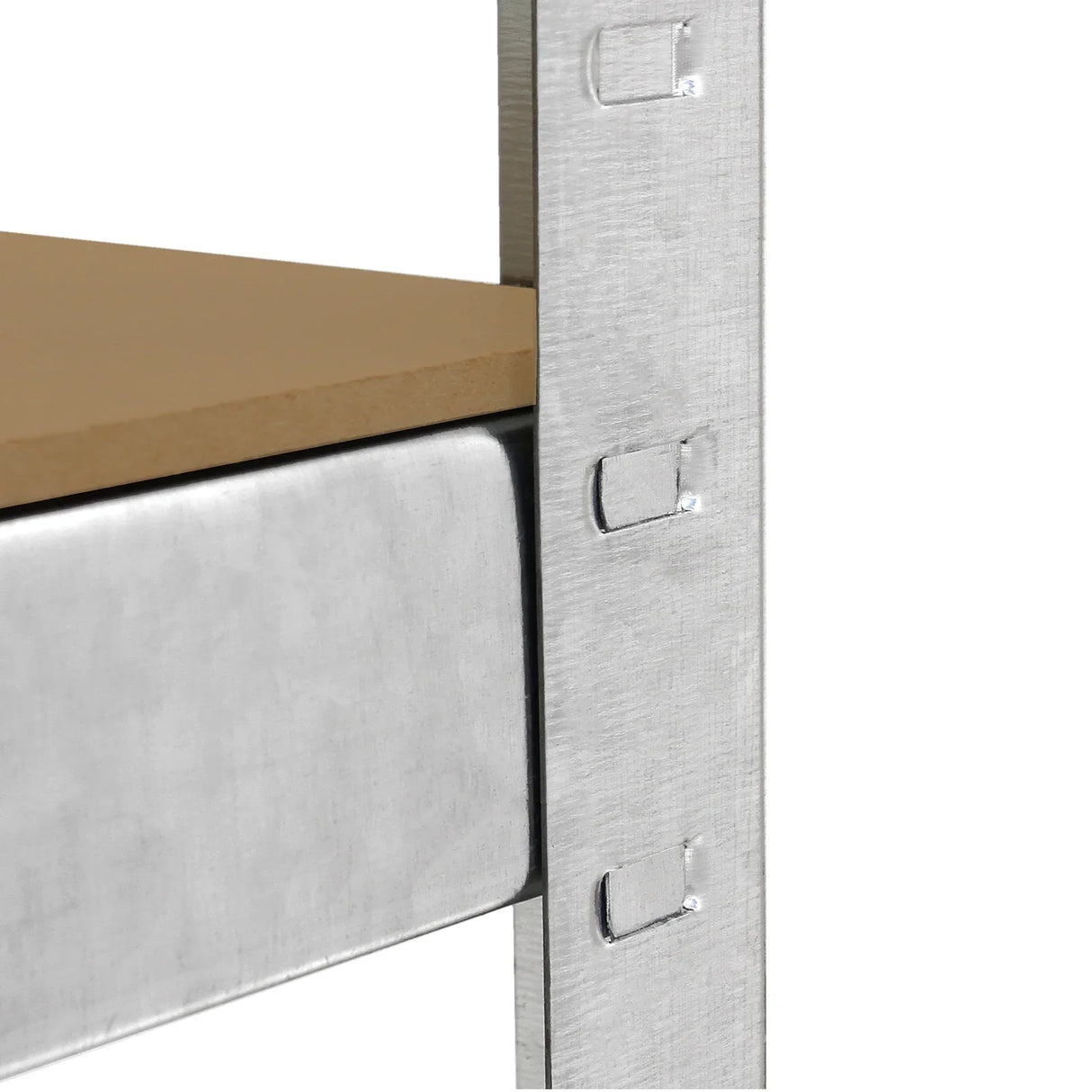 Galvanised racking close-up showing sturdy metal frame, smooth silver finish, and wooden shelf with a light brown surface