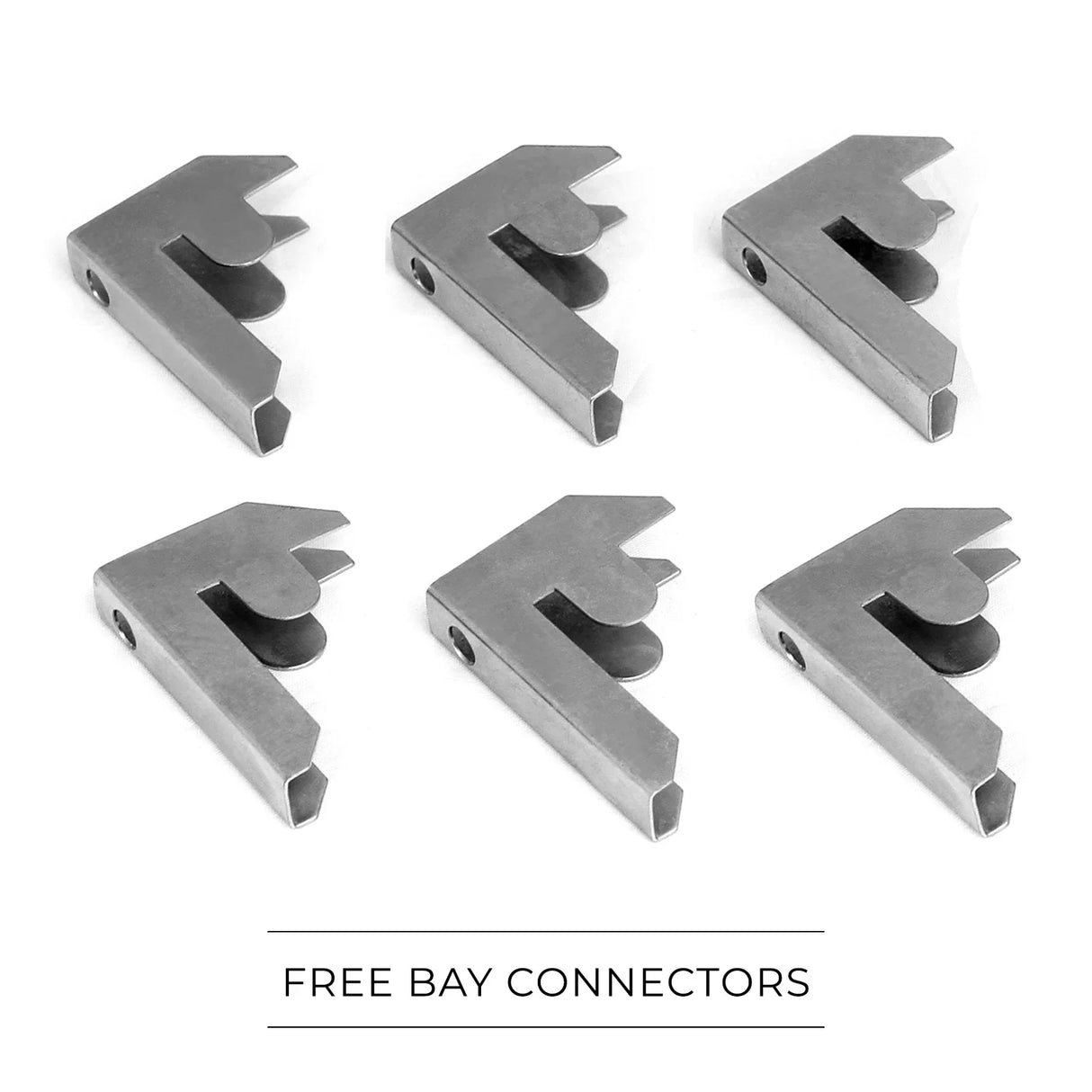 Galvanised steel free bay connectors for E-Rax racking system, featuring a durable, sleek design for easy assembly and stability