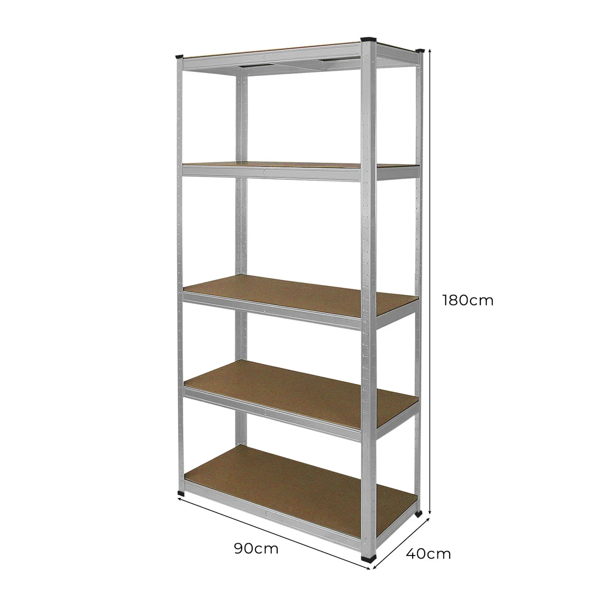 Galvanised racking unit with four sturdy shelves, measuring 180cm tall, 90cm wide, and 40cm deep, featuring a sleek metallic finish