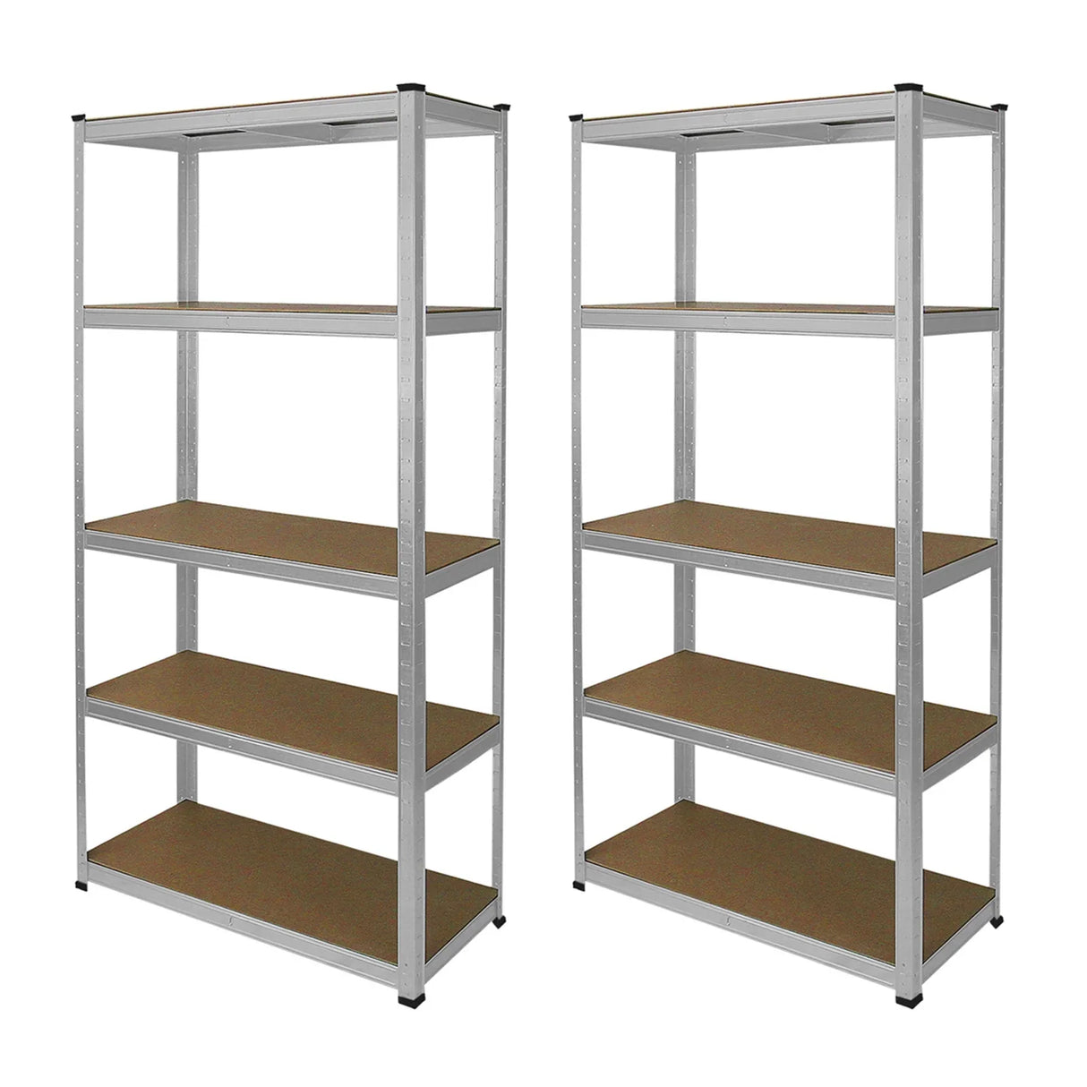 Galvanised racking units in silver, featuring five sturdy shelves with a wood-like finish, ideal for storage and organization