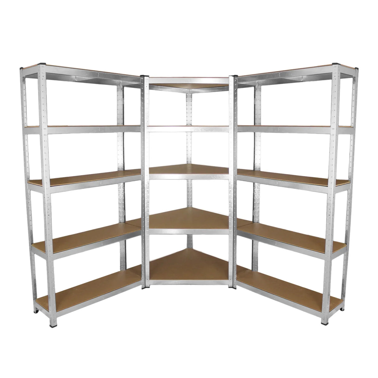Galwix 90cm racking bundle featuring sturdy metal frame, corner shelving, and two garage racking bays with wooden shelves