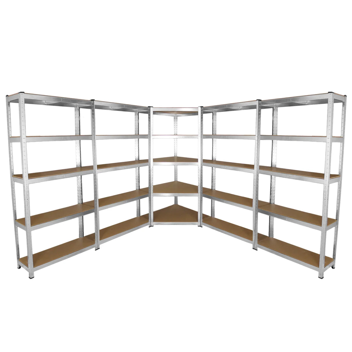 Galwix 90cm racking bundle featuring corner shelving and four garage racking bays with sturdy metal frames and wooden shelves
