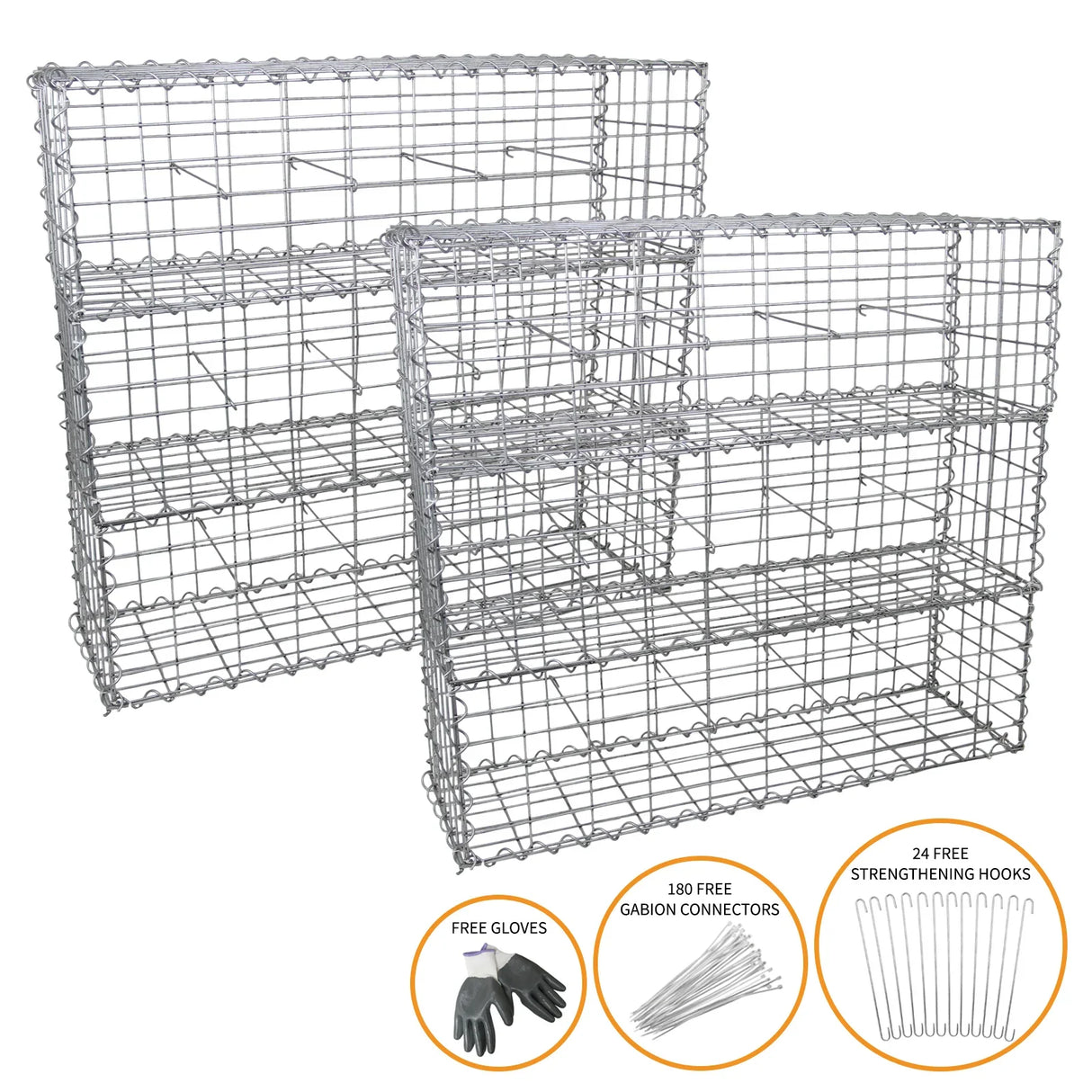 Galvanized steel gabion baskets set of six, measuring 100 x 30 x 30cm, featuring a sturdy wire mesh design with free gloves and connectors included