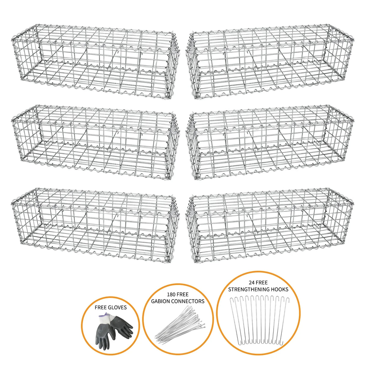 Set of six galvanized steel gabion baskets, each measuring 100 x 30 x 30cm, includes gloves, connectors, and strengthening hooks