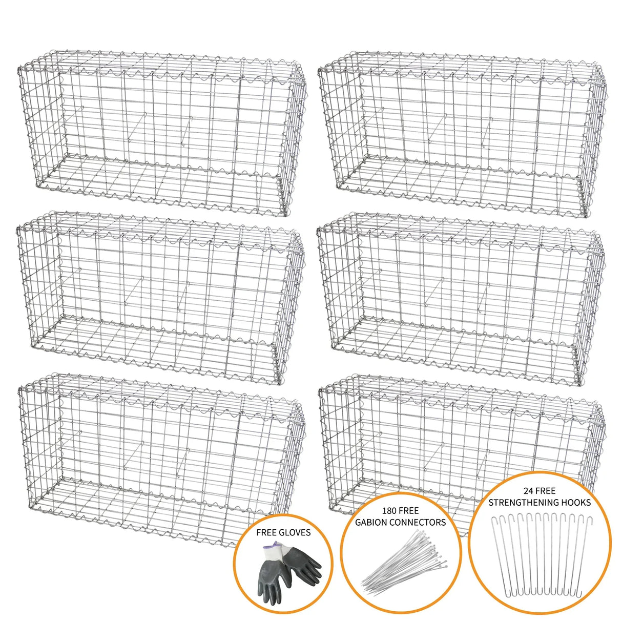 Galvanized steel gabion baskets, 100 x 50 x 30cm, six-pack, featuring sturdy wire mesh, with gloves, connectors, and hooks included