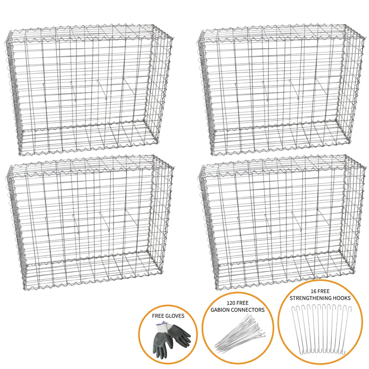 Galvanized steel gabion baskets, 100 x 80 x 30cm, set of four, featuring a sturdy wire mesh design for landscaping and erosion control