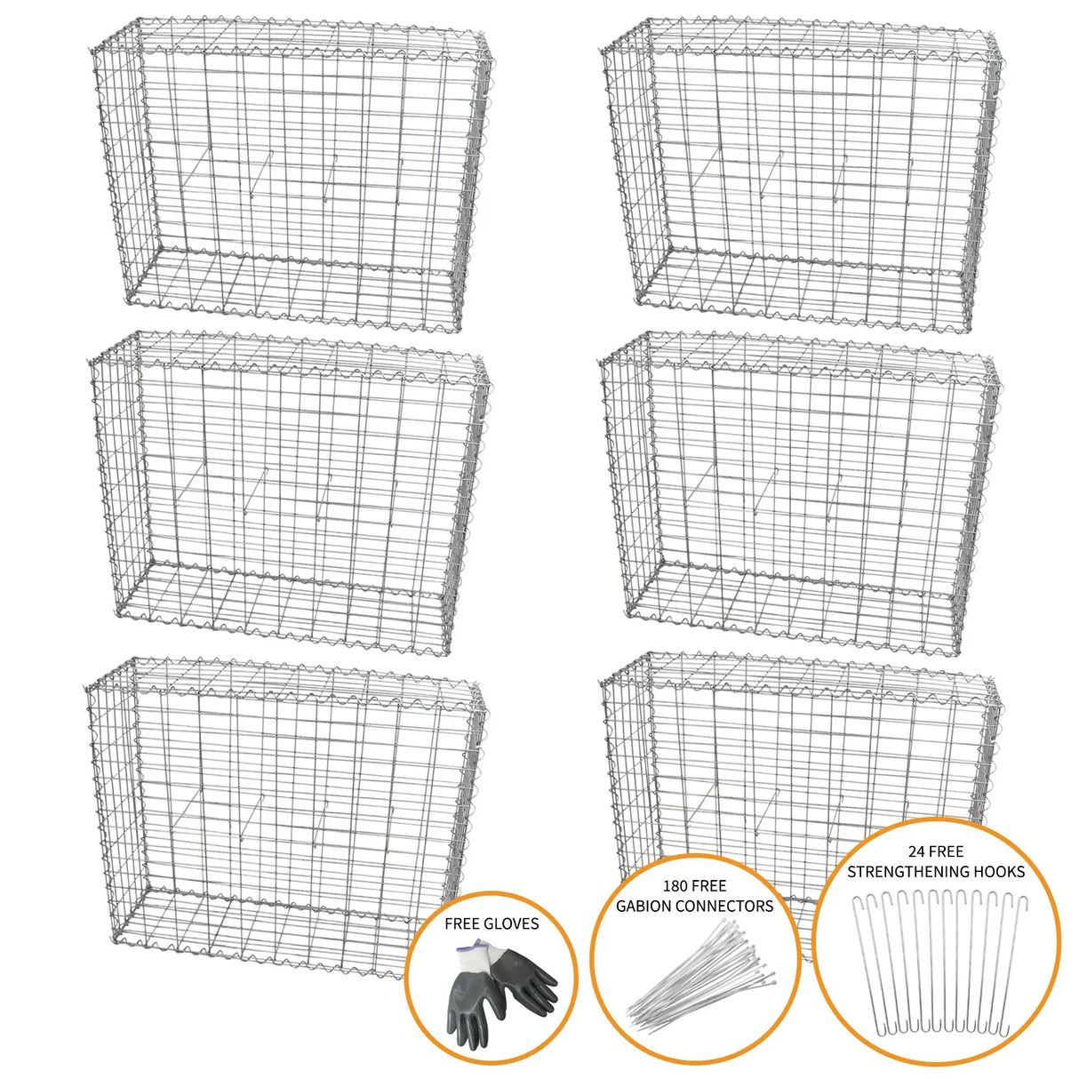 Galvanized steel gabion baskets in a 6-pack, measuring 100 x 80 x 30cm, featuring a sturdy wire mesh design and included connectors and gloves