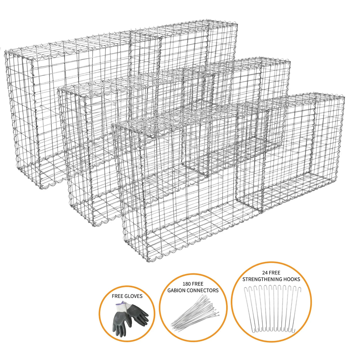 Galvanized steel gabion baskets in a 6 pack, measuring 100 x 95 x 30cm, featuring a sturdy wire mesh design for landscaping and erosion control