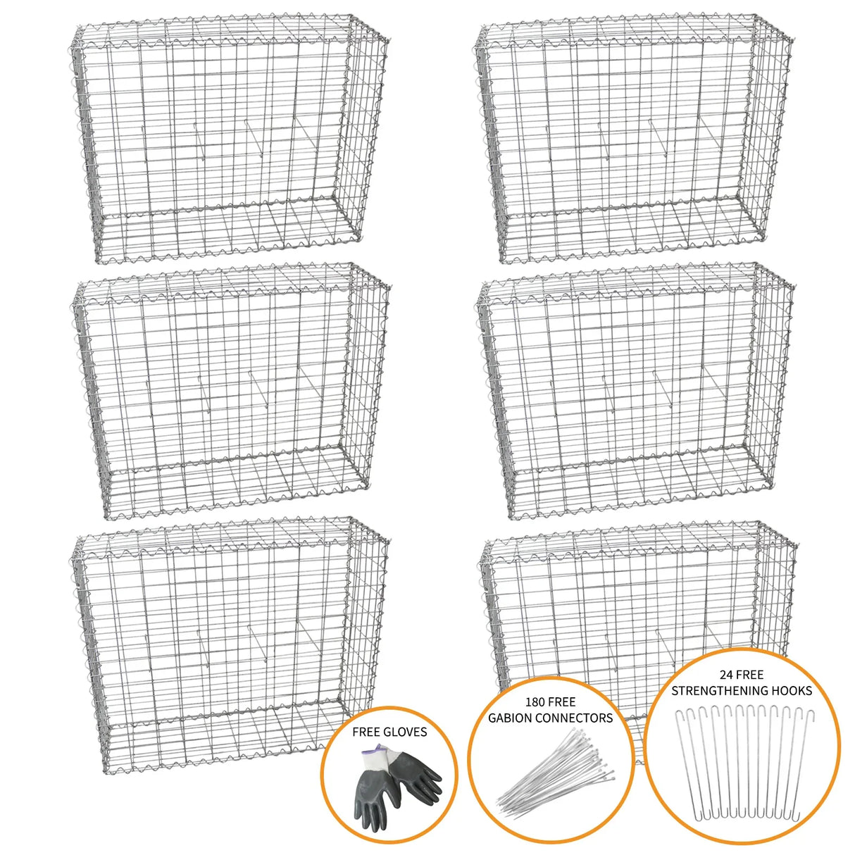 Six silver gabion baskets, each measuring 100 x 95 x 30cm, featuring a sturdy wire mesh design, ideal for landscaping and erosion control