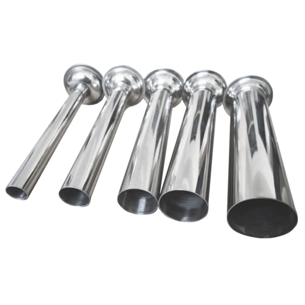 Five shiny stainless steel sausage stuffing tubes in varying lengths, designed for use with the Kukoo 3 Litre Sausage Stuffer