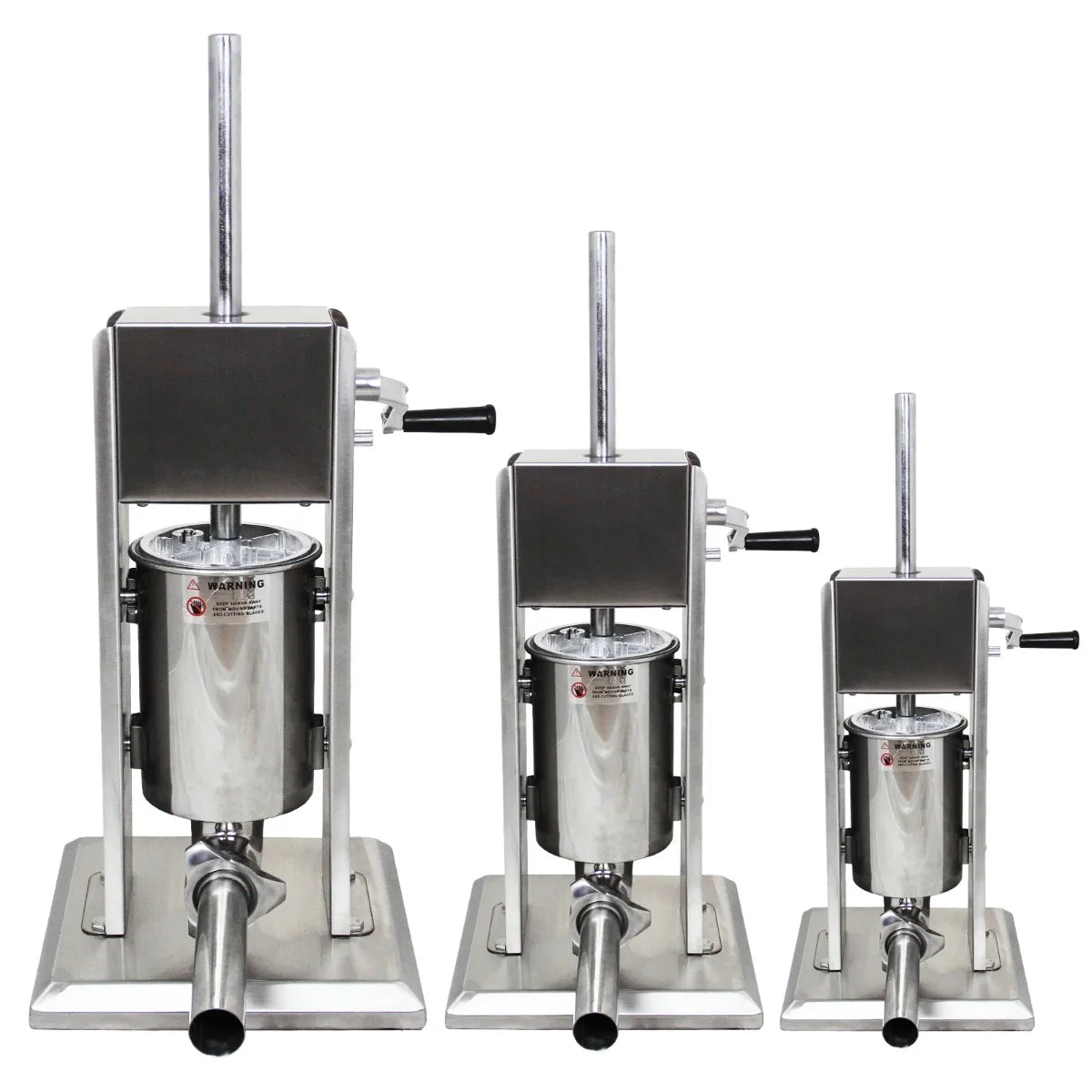 Kukoo 7 litre sausage stuffer in stainless steel, featuring a sturdy base, vertical design, and three filling tubes for various sizes