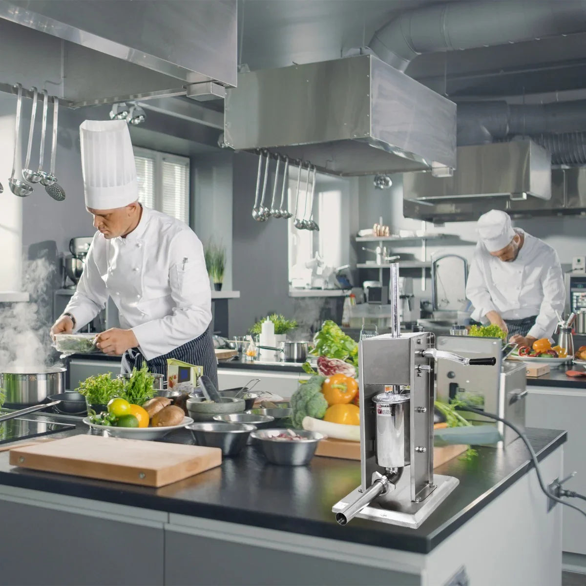 Kukoo 5 Litre Sausage Stuffer in a modern kitchen, stainless steel design, with chefs preparing fresh ingredients and cooking