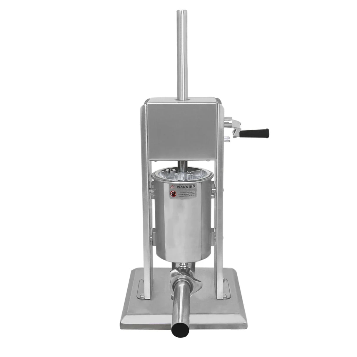 Stainless steel 5L sausage stuffer with a sturdy base, vertical design, and a hand crank for easy operation and filling