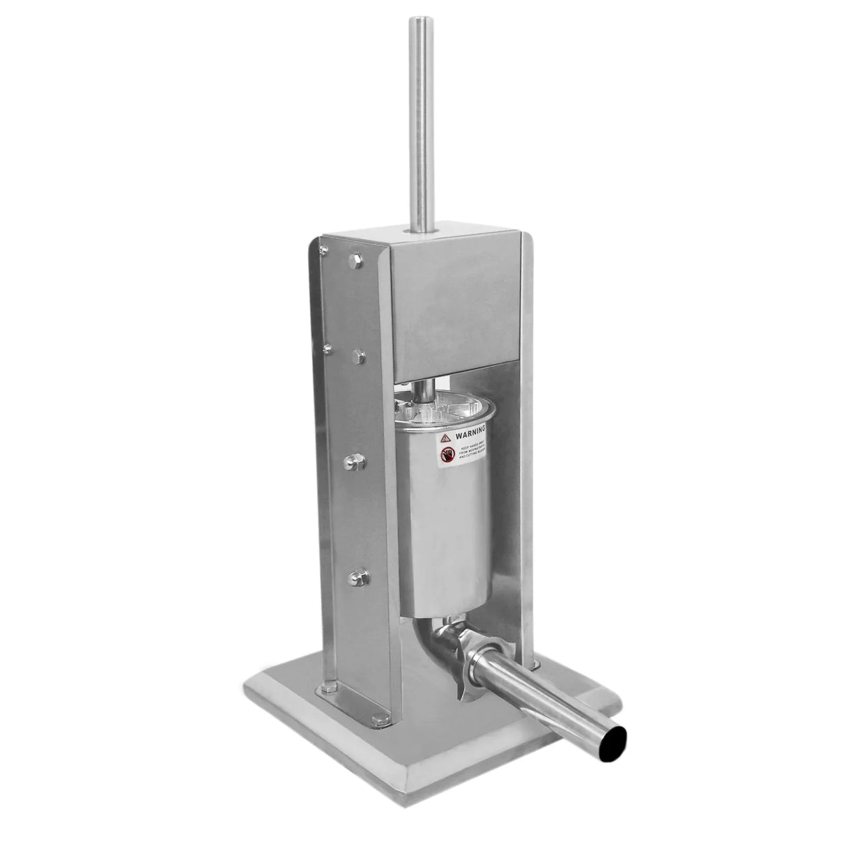 Stainless steel 3L sausage stuffer with a sturdy base, vertical design, and a long filling tube for easy sausage making