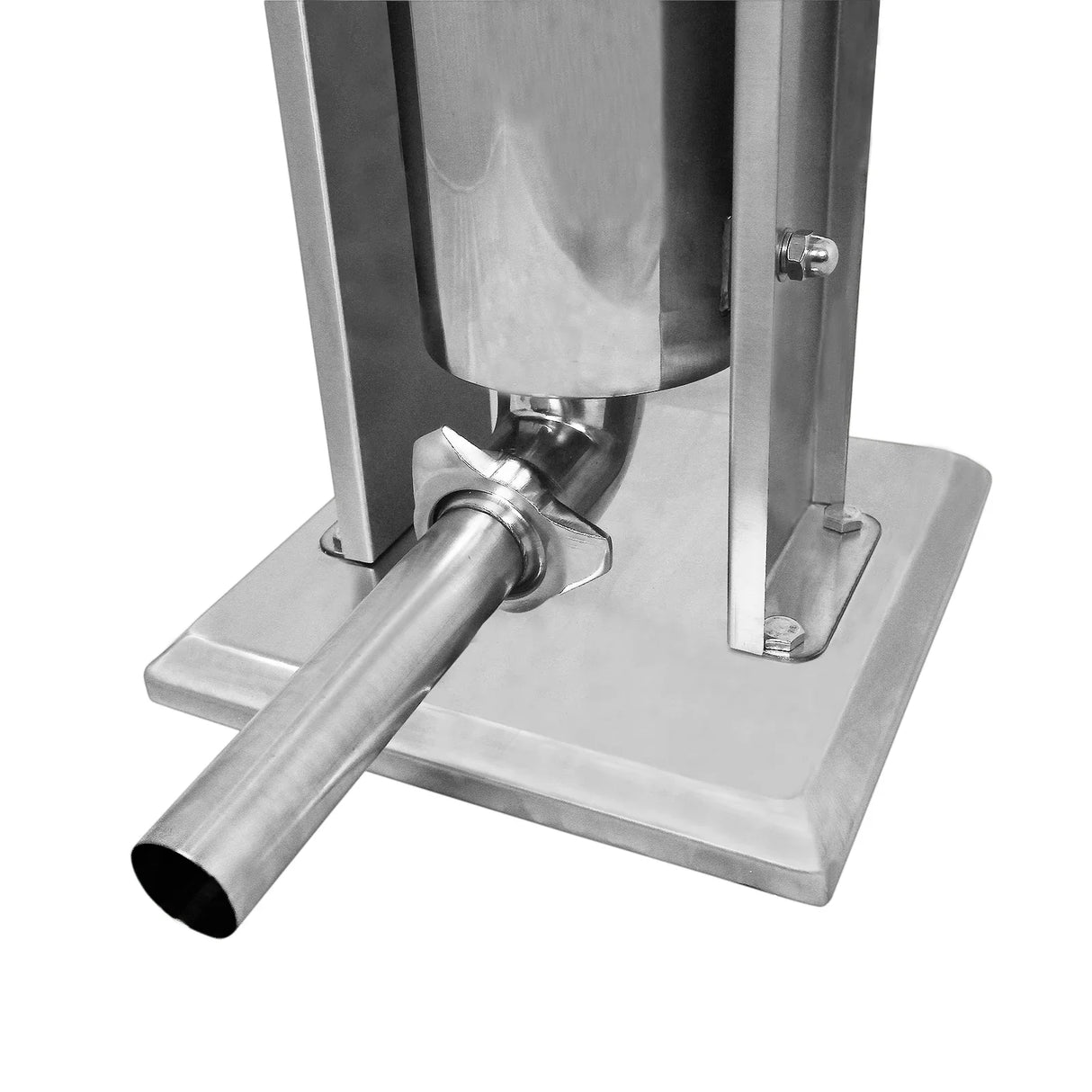 Stainless steel KuKoo 3L sausage stuffer with a wide metal nozzle, mounted on a sturdy base for easy use and stability