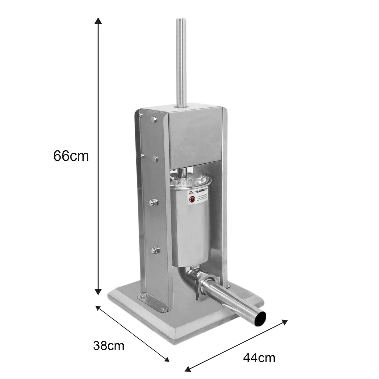 Stainless steel 5L sausage stuffer with a sleek design, measuring 66cm tall, featuring a sturdy base and a wide filling tube