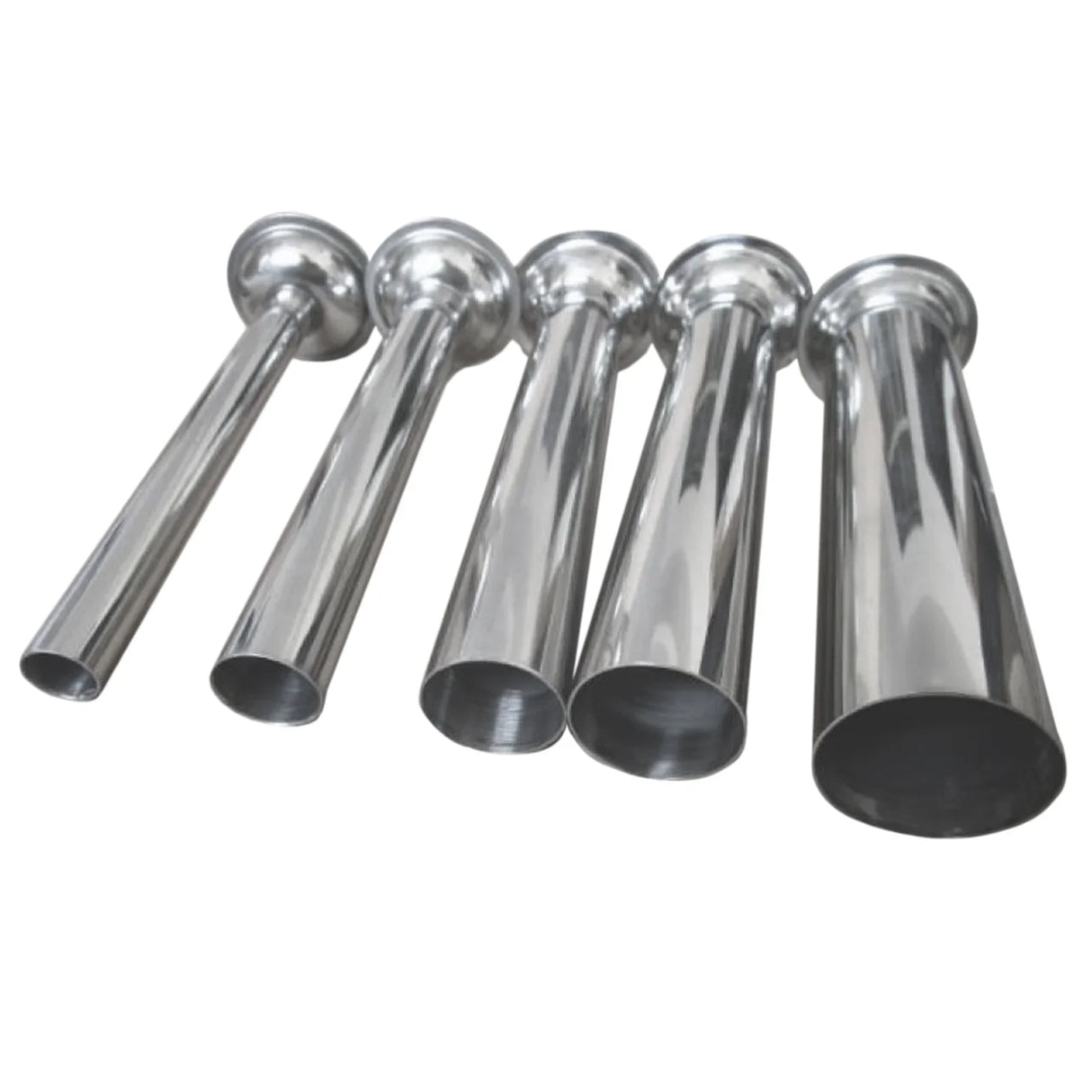 Set of five stainless steel sausage stuffing tubes in varying sizes, designed for the KuKoo 7L Sausage Stuffer & Clipper Set