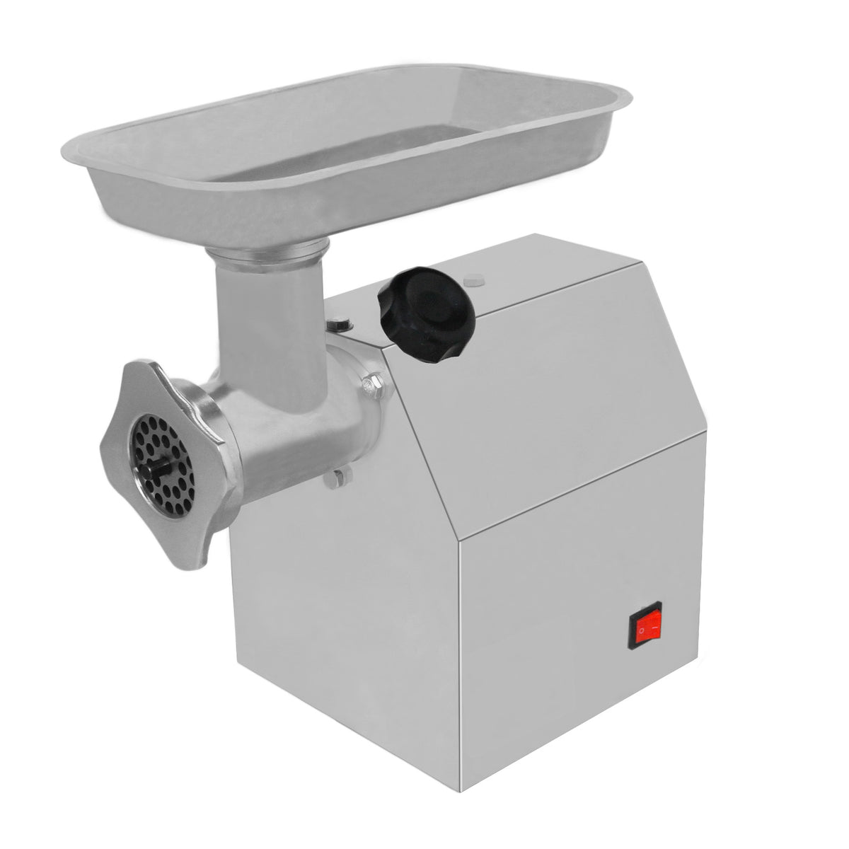 Stainless steel KuKoo commercial meat grinder with a large feeding tray, adjustable knob, and sturdy base for efficient grinding