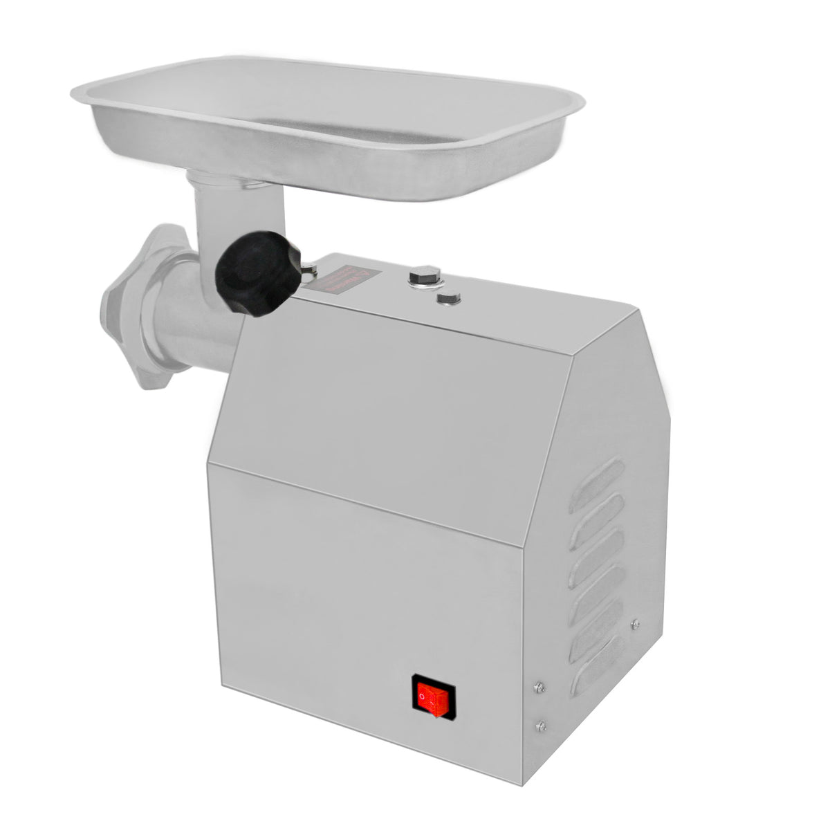 Stainless steel KuKoo commercial meat grinder with a large feeding tray, control switch, and sturdy design for efficient grinding